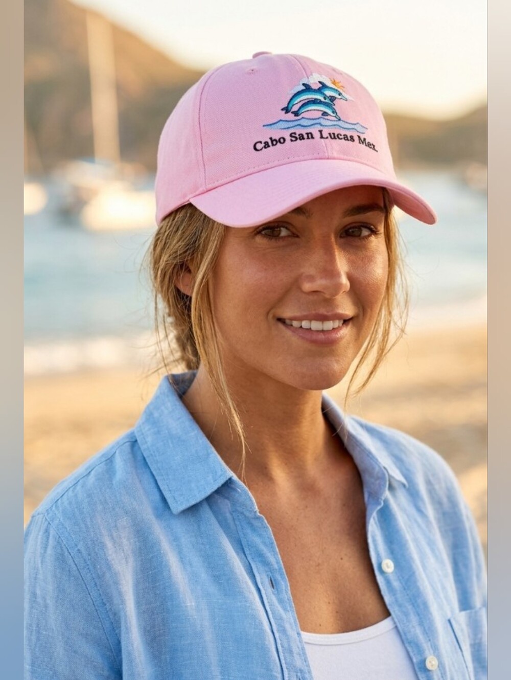 Resortwear Pink Turquoise Dolphins Ocean Waves Cabo San Lucas Hat Cap